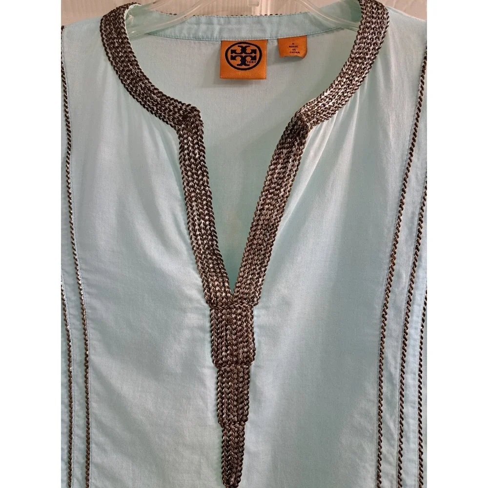 Tory Burch Sky Blue Tunic/Shirt w Brown SilverEmbellishments Size 4. 100% Cotton